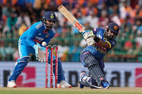Charith Asalanka plays a shot during 2nd ODI against India